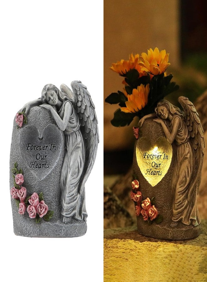 VEEKI Solar Cemetery Vases for Grave, Resin Angel Headstones Vases with Spikes for Fresh Artificial Flowers, Grave Markers for Cemetery Memorial Day Decor, Memorial Gifts for Loss of Loved One (Grey) - Image 1